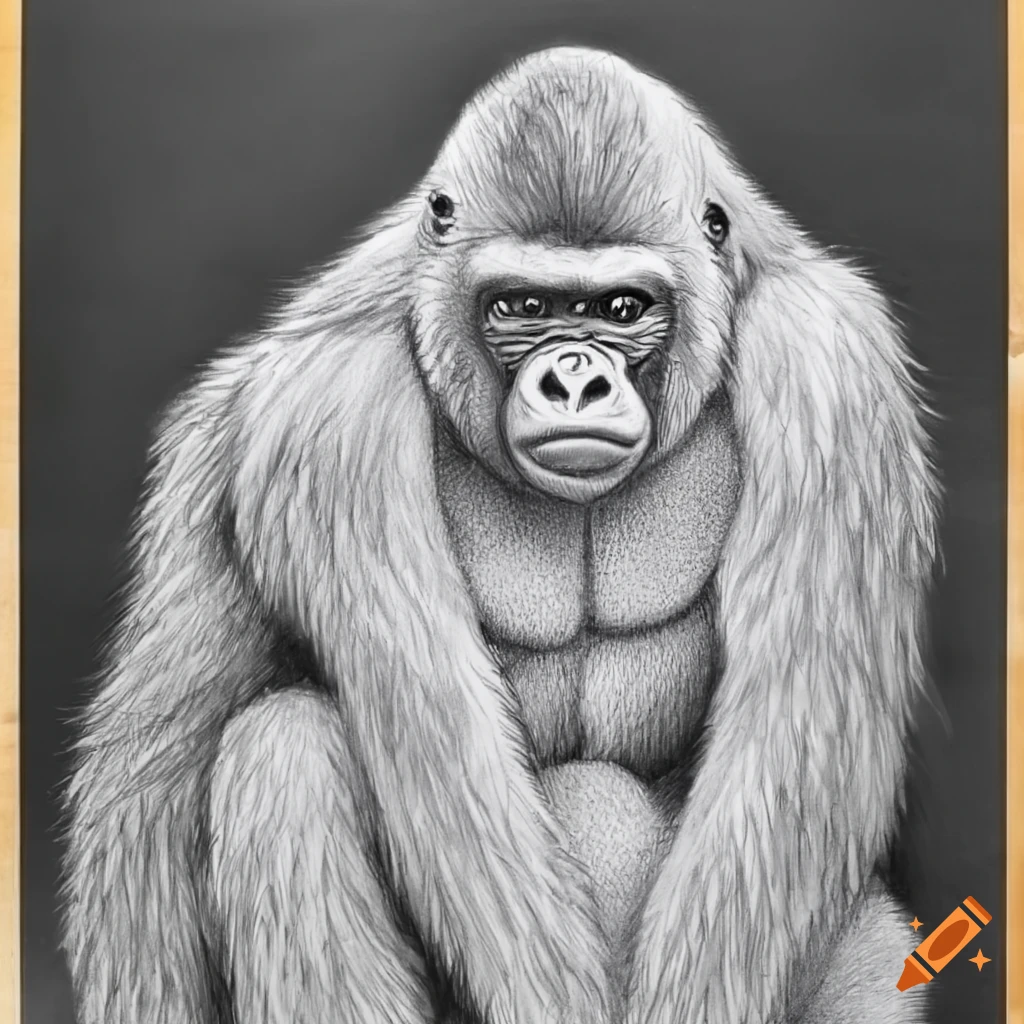 A pencil sketch drawing of a gorilla full white body childrens coloring book on