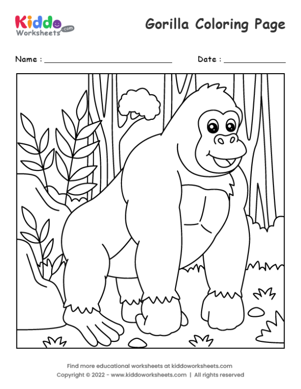 Free printable gorilla coloring page worksheet