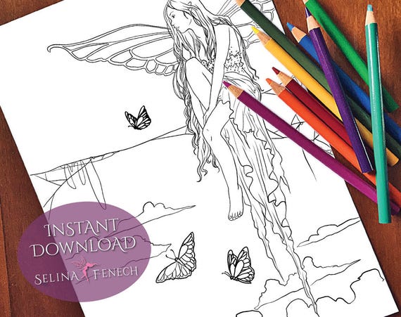 Gossamer princess fairy art coloring pagedigi stamp fantasy printable download by selina fenech