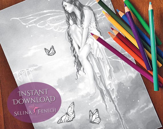 Gossamer princess fairy art grayscale coloring pagedigi stamp fantasy printable download by selina fenech