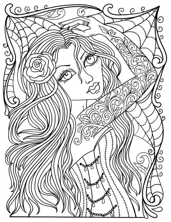 Instant download gothic beauty coloring book adult coloring color pages fashion goth big eyed girls low brow tattoo girls digi