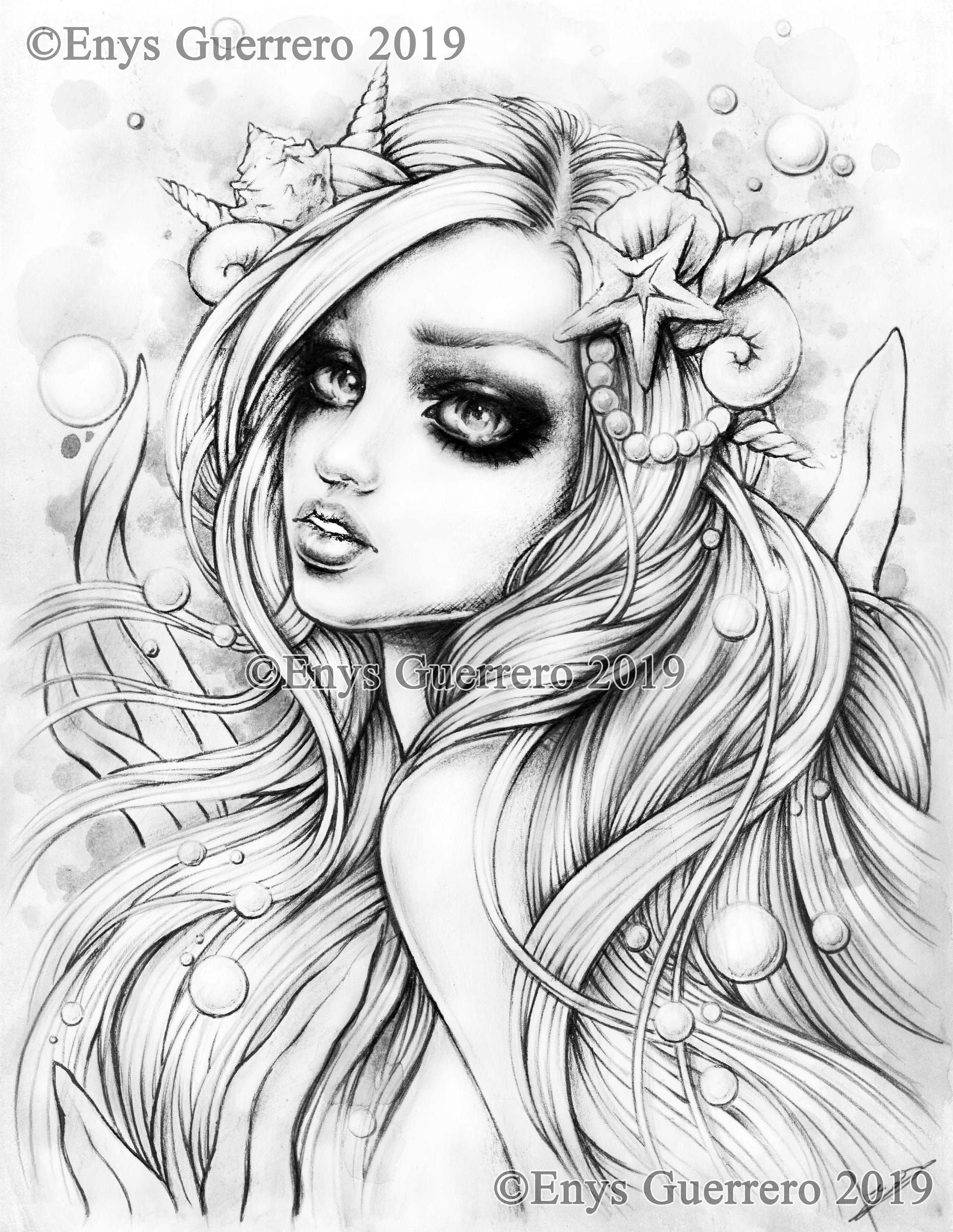 Sea princess jpg coloring pagegrey scale goth fantasy printable download by enys guerrero