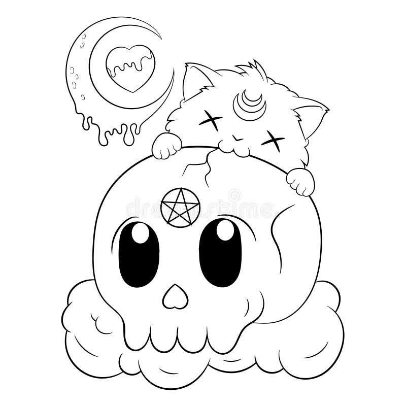 Cute creepy pastel goth kawaii cat coloring page stock vector