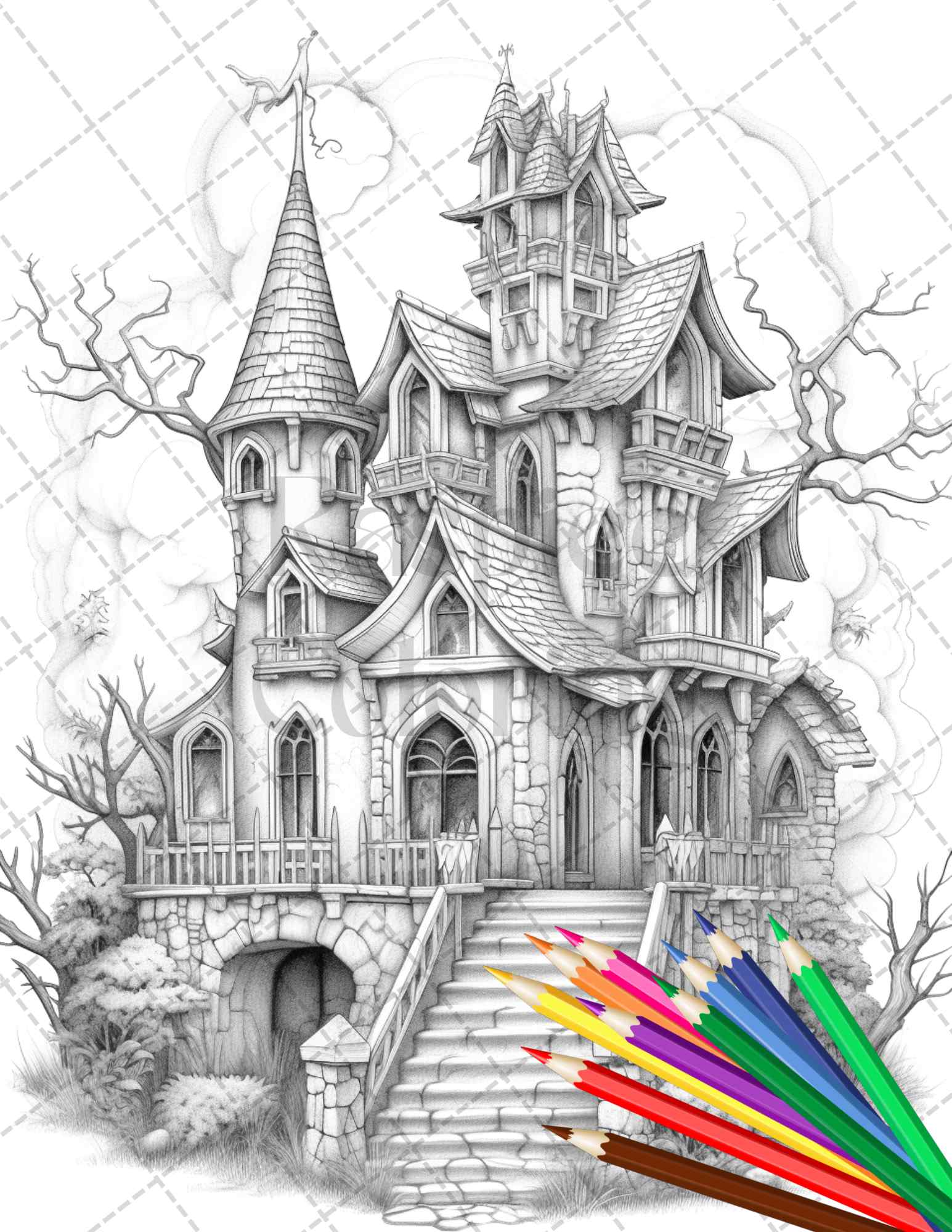 Creepy gothic houses grayscale coloring pages printable for adults â coloring