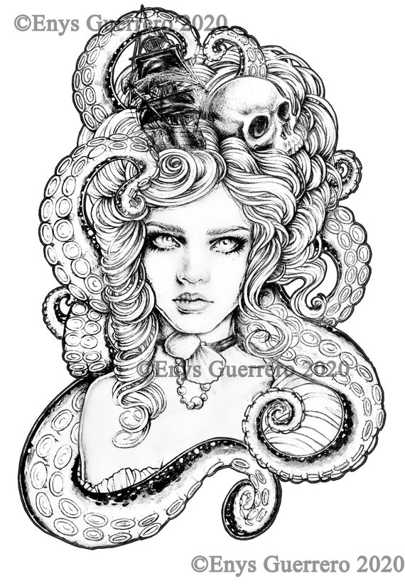 Kraken coloring page goth fantasy printable download jpg by enys guerrero