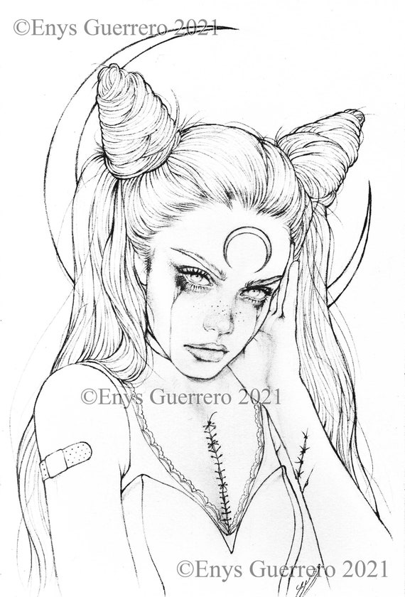 Moon babe coloring page goth fantasy printable download jpg by enys guerrero