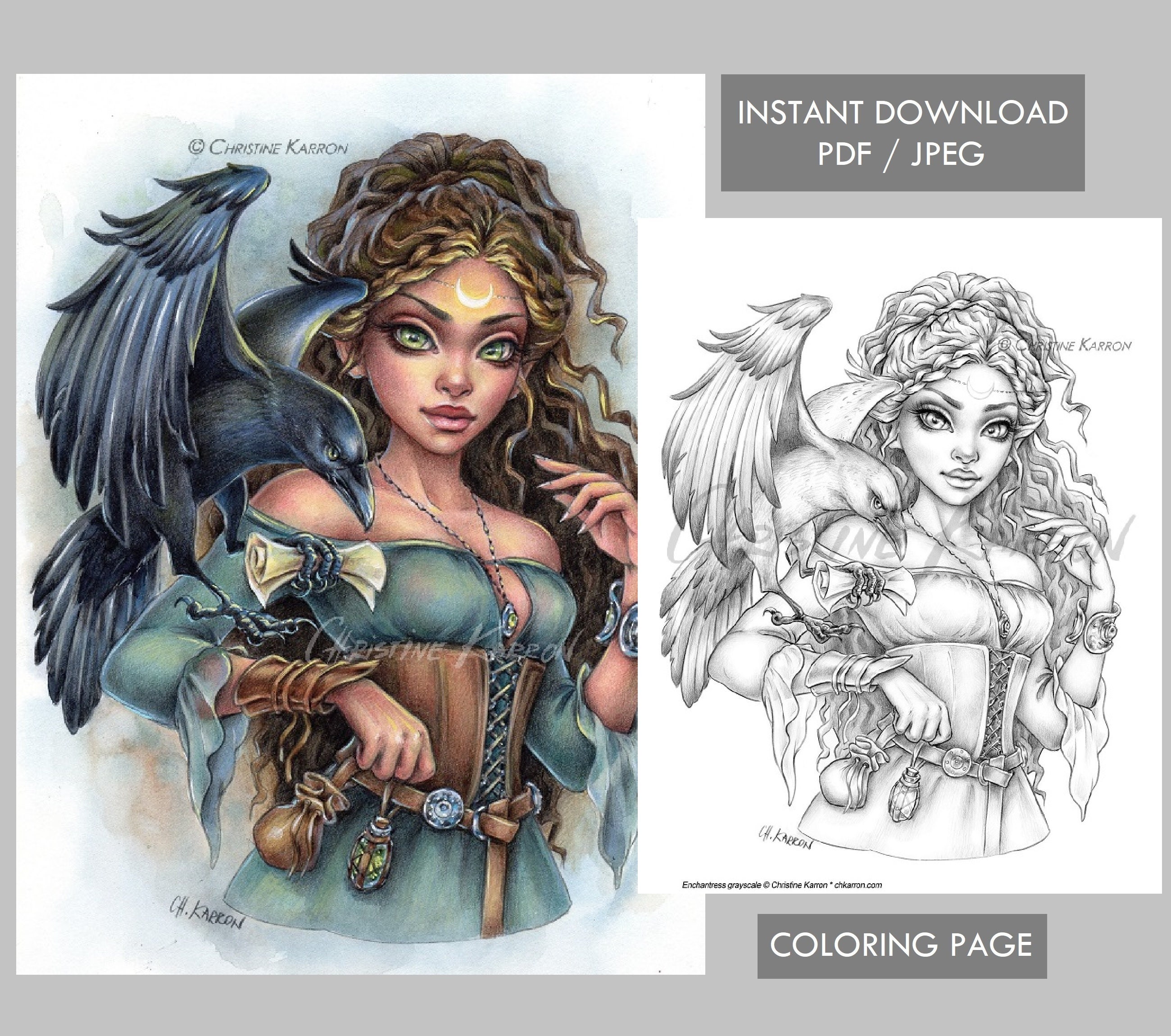 Enchantress coloring page grayscale sorceress raven fairy fae illustration instant download printable file jpeg and pdf christine karron