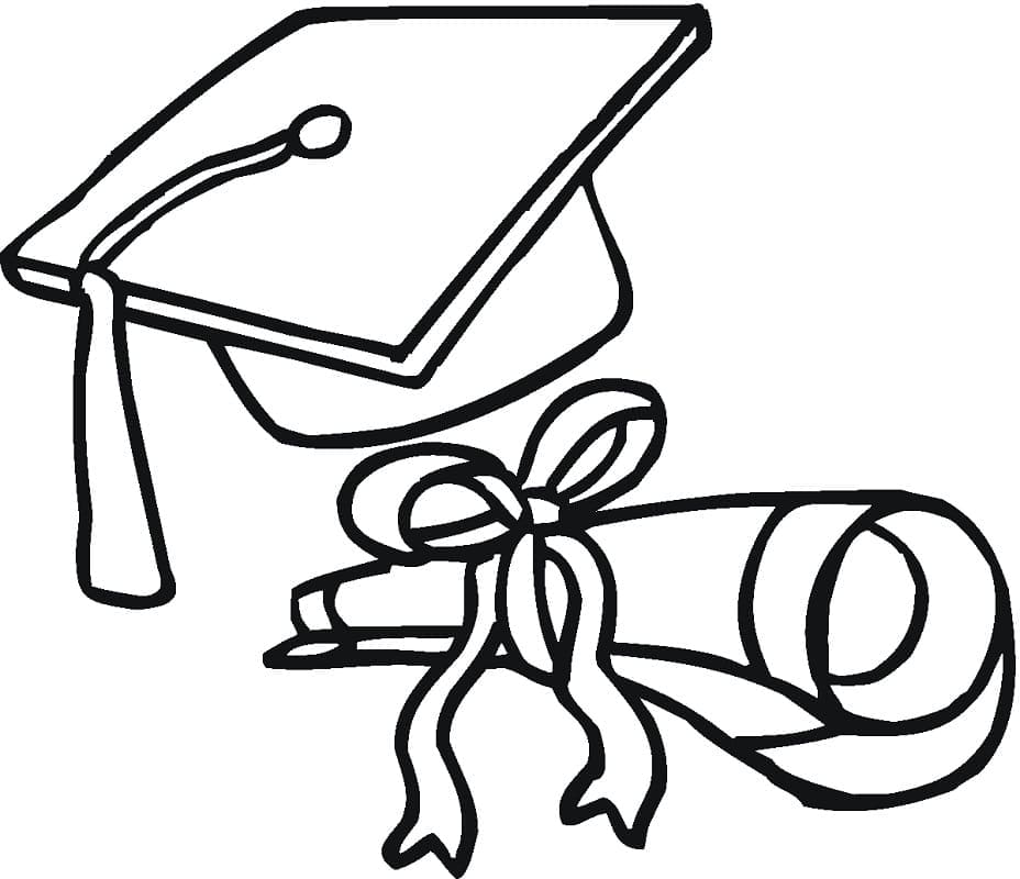 Graduation diploma and cap coloring page