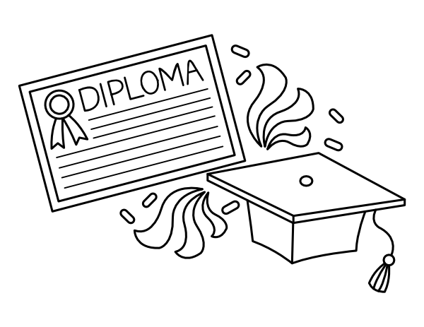 Printable diploma and graduation hat coloring page