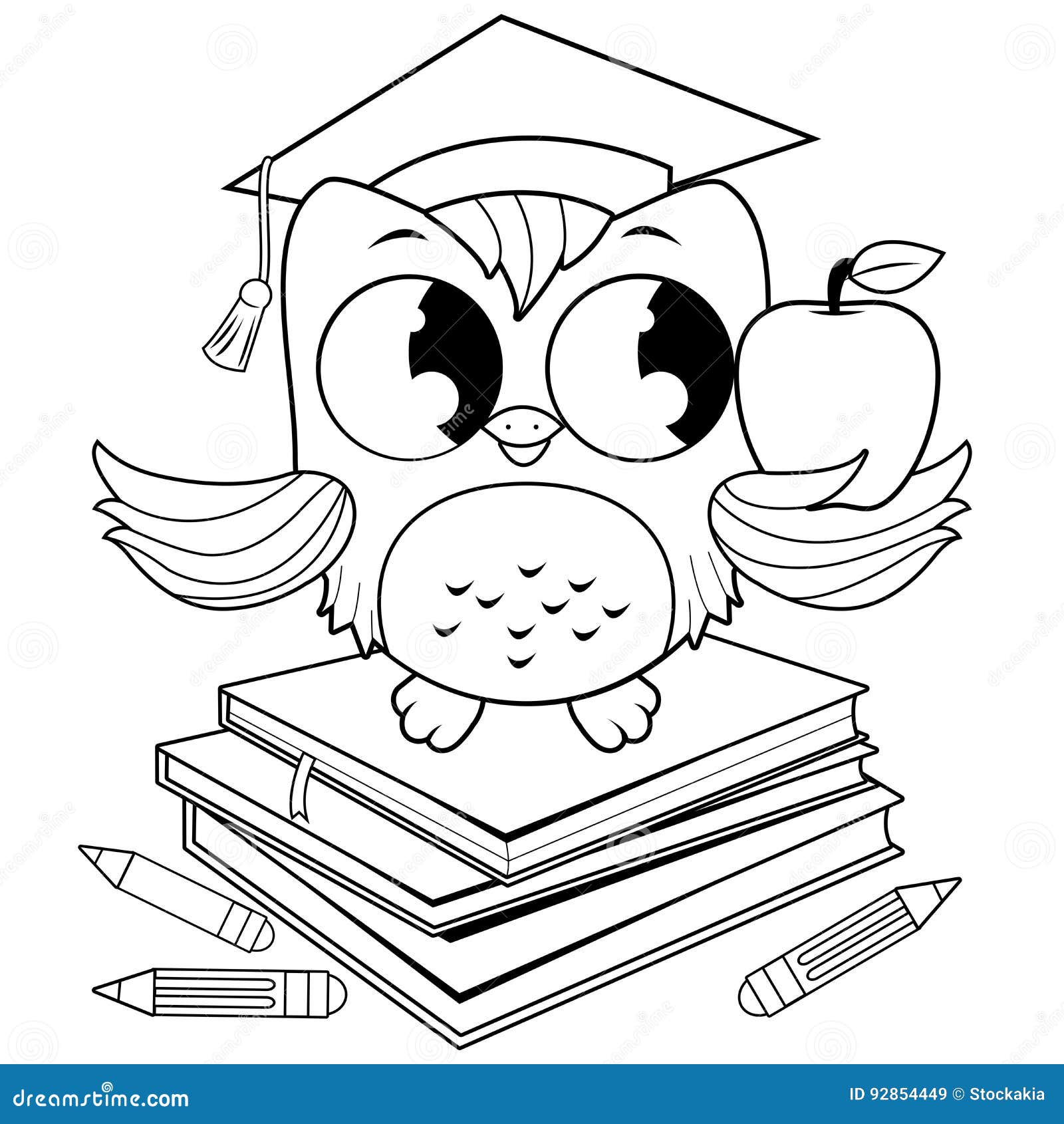 Owl on a stack of books with graduation hat vector black and white coloring page stock vector