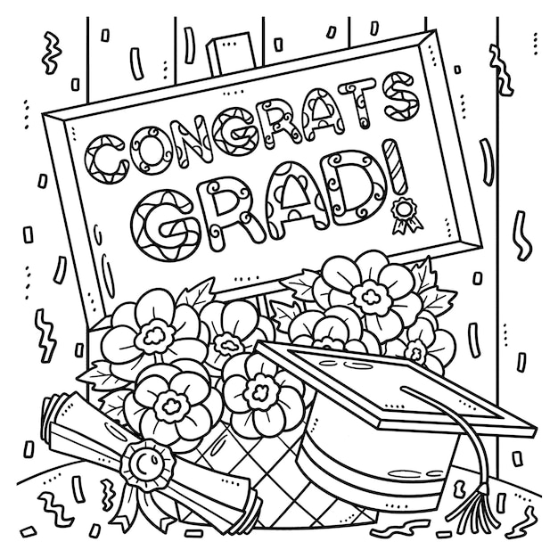 Premium vector graduation cap and diploma isolated coloring page