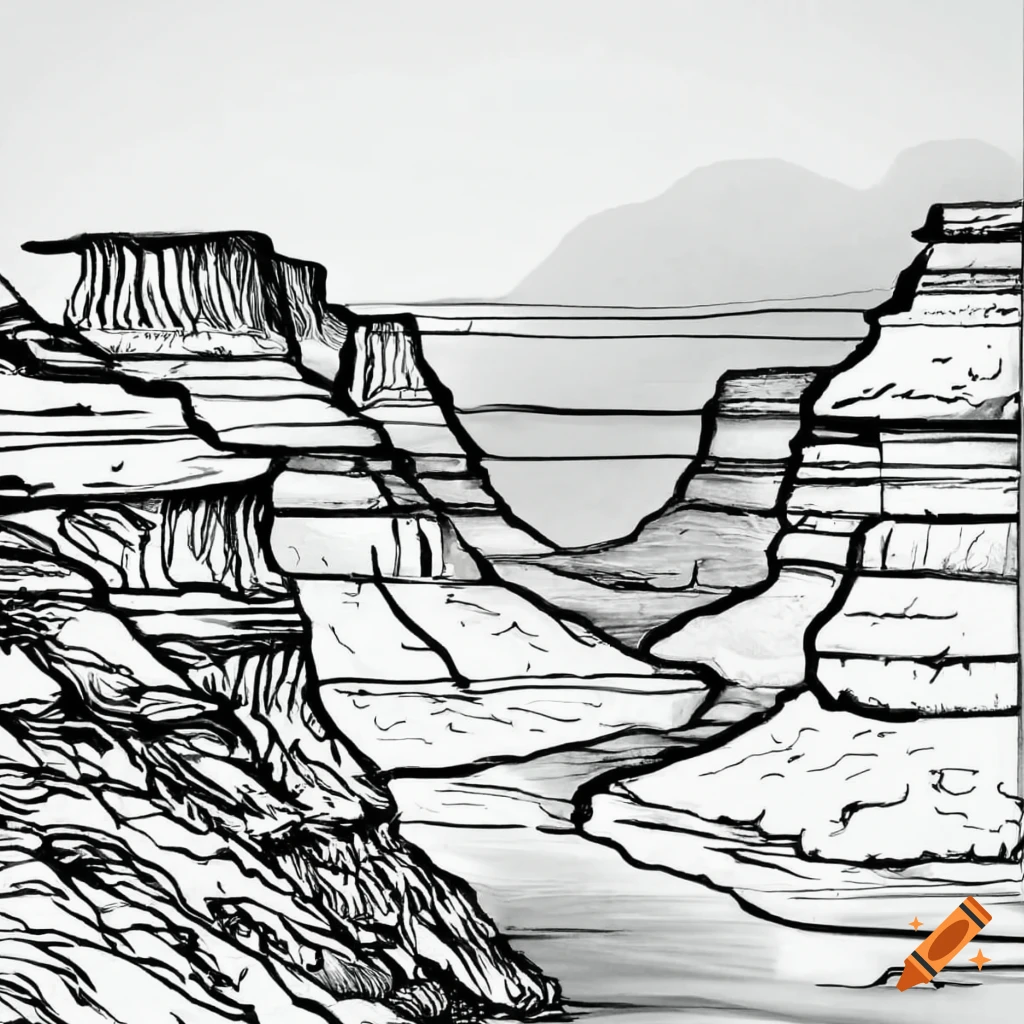 Coloring page simple line drawing grand canyon no shading on