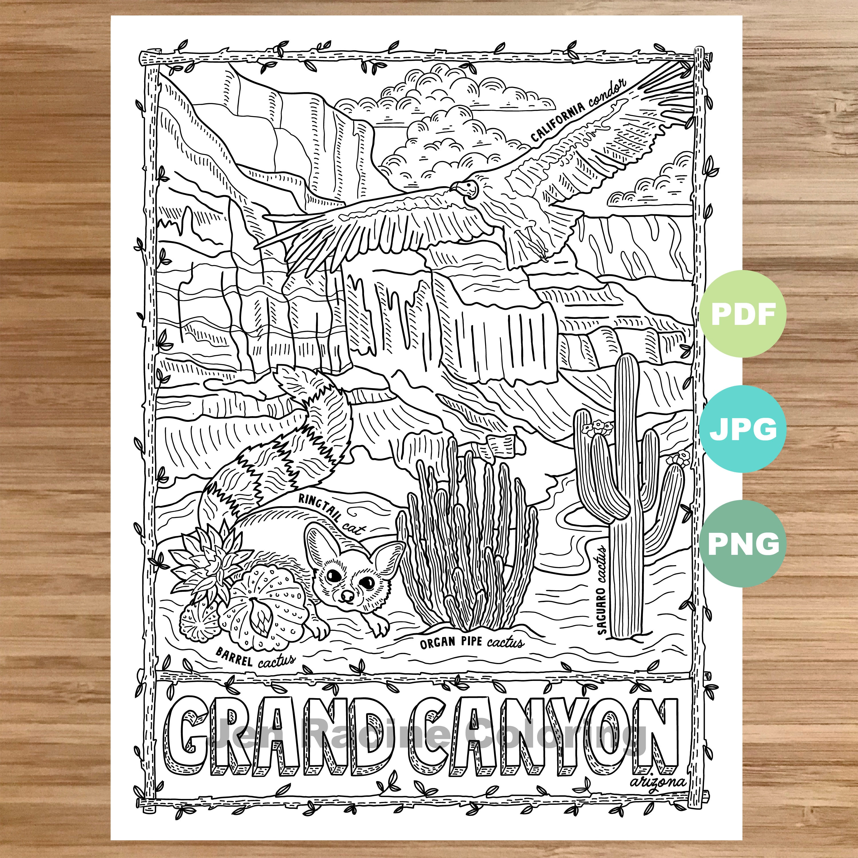 National park coloring page grand canyon arizona national park landscape animal plant wildflower coloring page printable download now