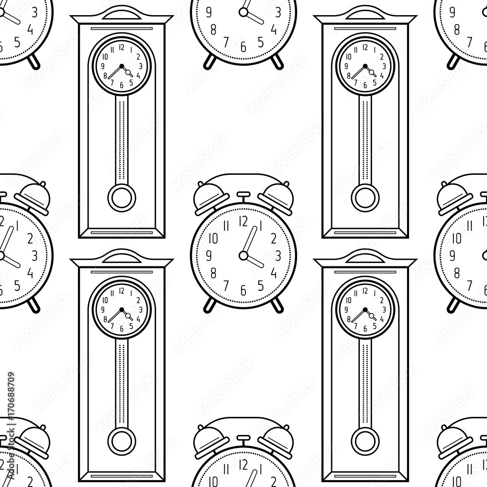 Grandfather clock and alarm clock black and white seamless pattern for coloring books pages vector