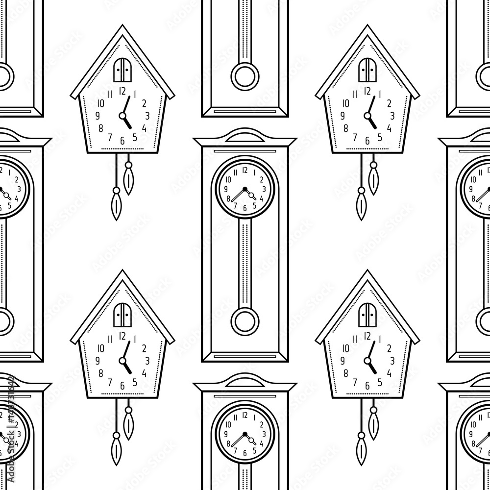 Cuckoo clock and grandfather clock flat linear objects black and white seamless pattern for coloring book page vector