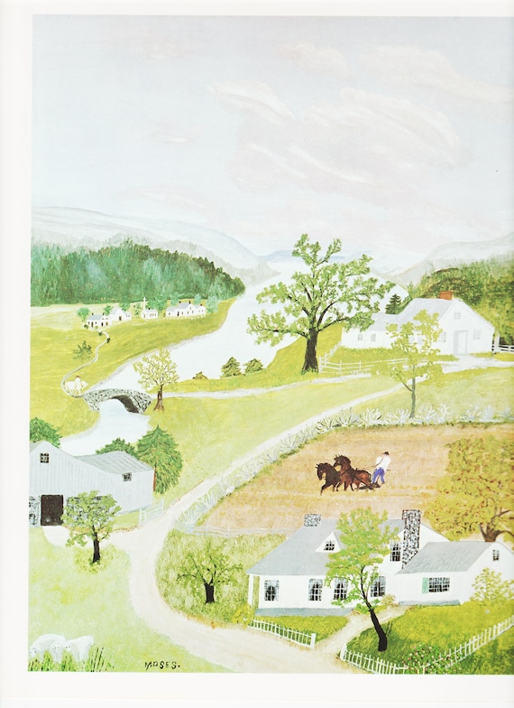 Grandma moses print primitive picture vintage folk art spring in evening farm scene upstate new york