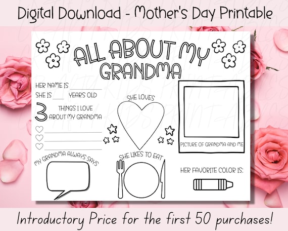 Mothers day printable all about my grandma mothers day gift card for mom activity page mothers day coloring in mothers day activity