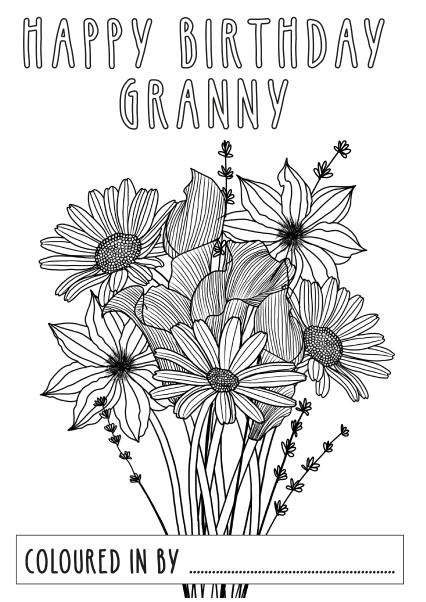 Floral happy birthday granny colouring card