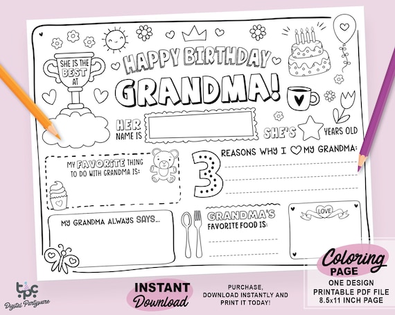 Happy birthday grandma coloring page printable all about grandmother fill in template activity granny birthday printable card for kids