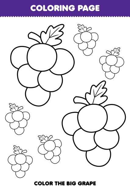 Premium vector education game for children coloring page big or small picture of cute cartoon grape fruit line art printable worksheet