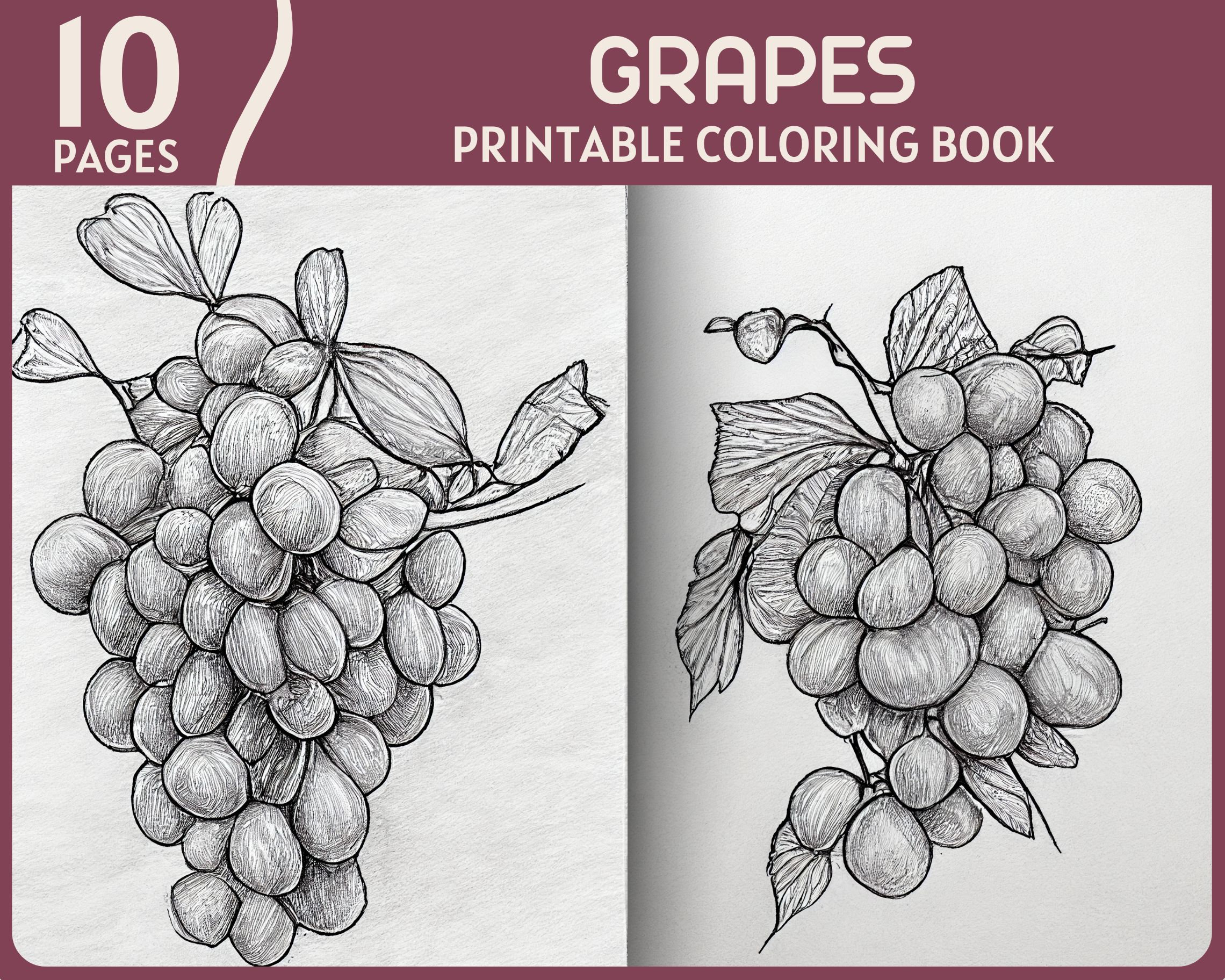 Grapes coloring pages realistic grayscale grapes illustrations coloring book digital printable coloring page