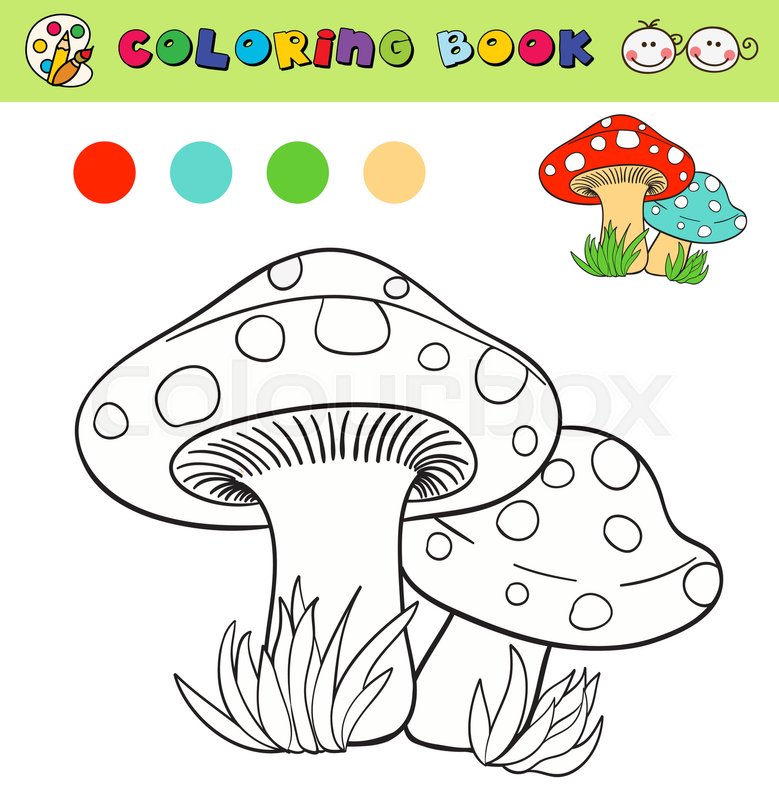 Coloring book page template with mushrooms in grass color samples vector illustraton stock vector