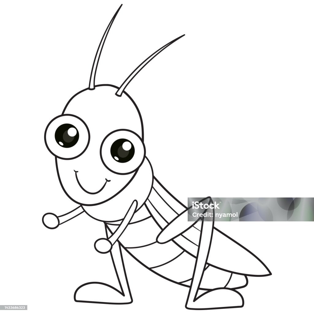 Coloring pages or books for kids cute grasshopper cartoon black and white stock illustration