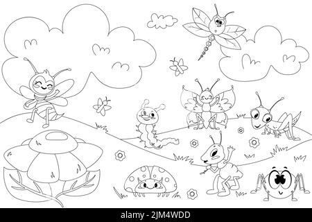 Coloring book flower and happy ladybug