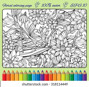 Coloring page lots flowers big grasshopper stock vector royalty free