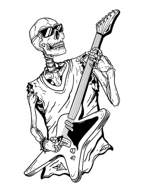 Premium vector black and white hand drawn illustration skeleton rock star with guitar skull premium dessin musique dessins de fleurs pour tatouage illustration