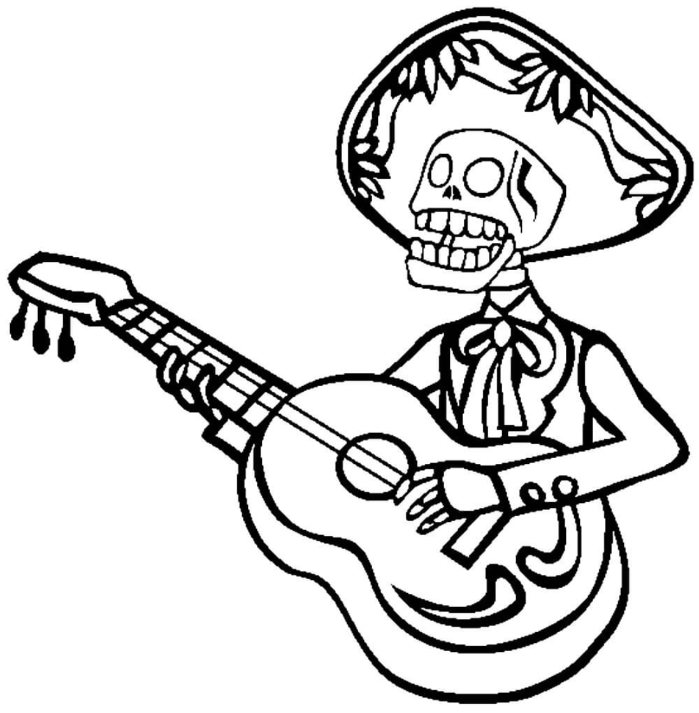 Skeleton playing guitar coloring page