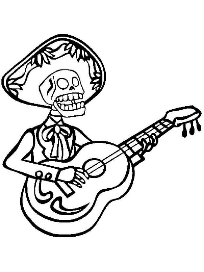 Singing skeleton playing the guitar coloring page