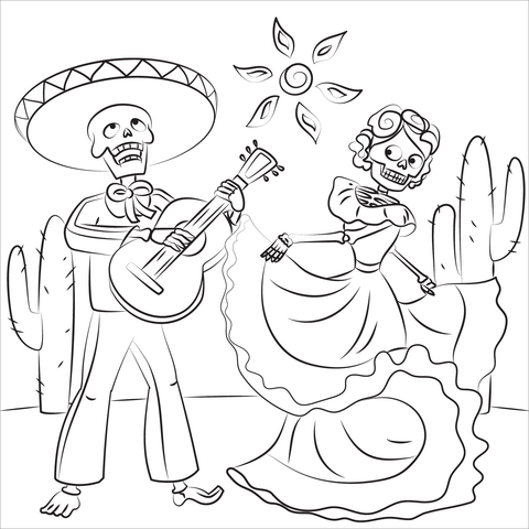 Dia de los muertos with skeleton playing guitar and skeleton woman dancing coloring page free printable coloring pages