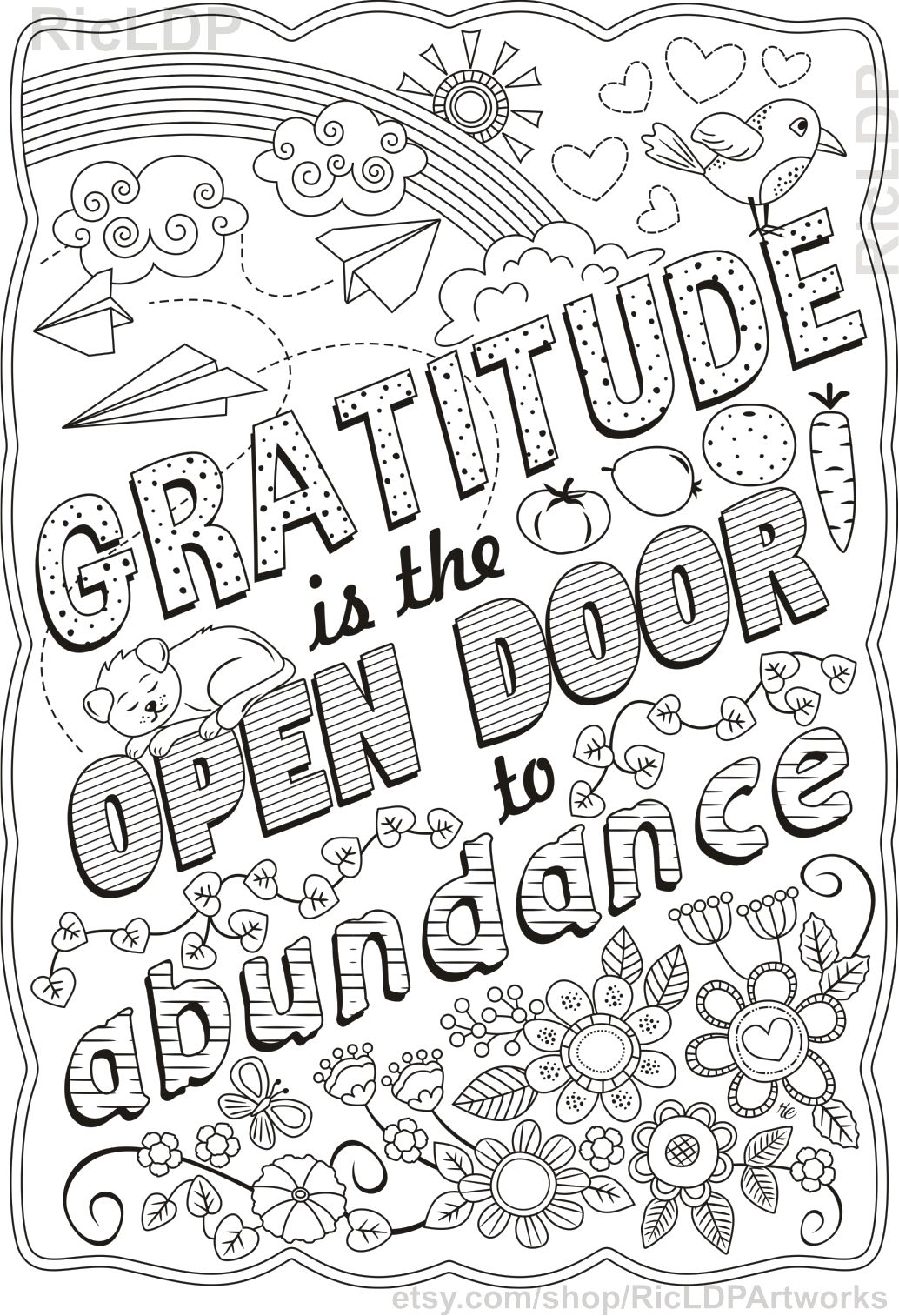 There is always something to be thankful for gratitude coloring pages open door to abundance thanksgiving posters digital download instant download