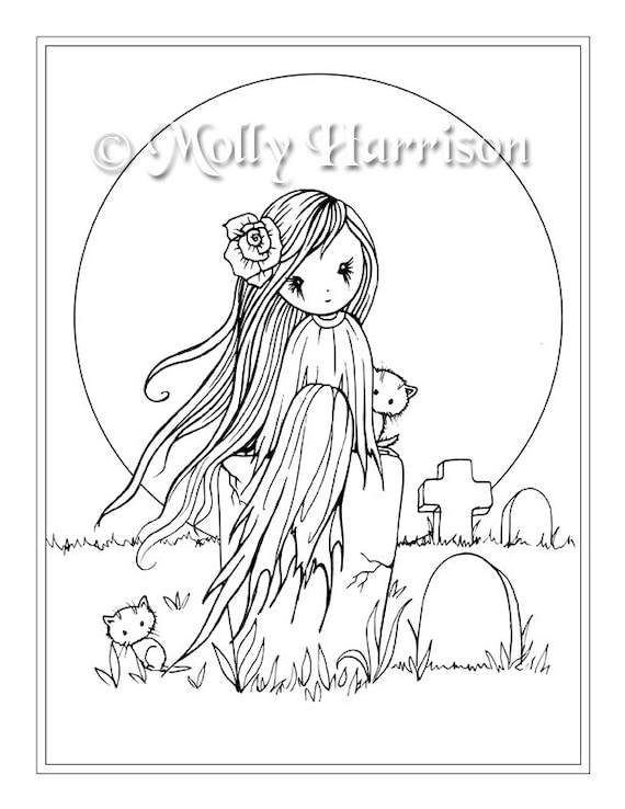 Whimsical ghost and cat on gravestone instant download printable halloween fantasy molly harrison art coloring page jpg x