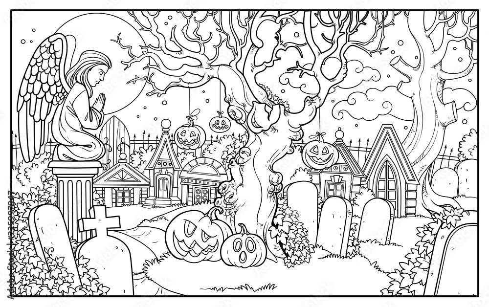 Halloween background cemetery and crypts with statue of an angel in prayer outlined for coloring page vector
