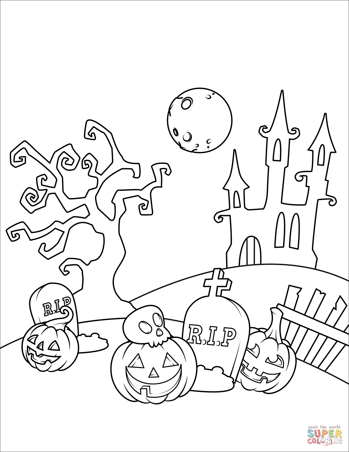 Halloween scene in the cemetery coloring page free printable coloring pages