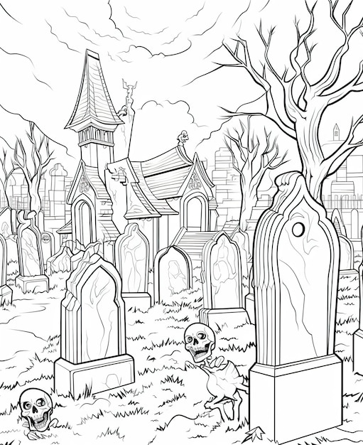 Premium ai image coloring page for kids scary witches in a cemetery