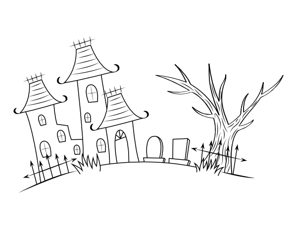 Printable haunted house with graveyard coloring page