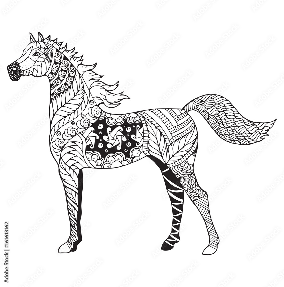 Arabian horse zentangle stylized vector illustration freehand pencil pattern zen art black and white illustration on white background adult anti