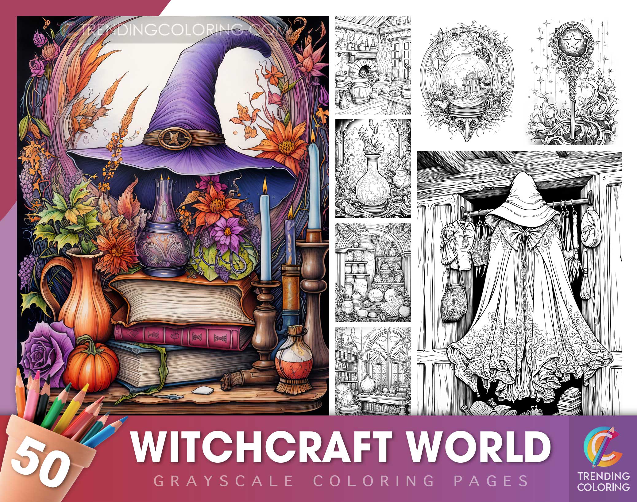 Witchcraft world grayscale coloring pages