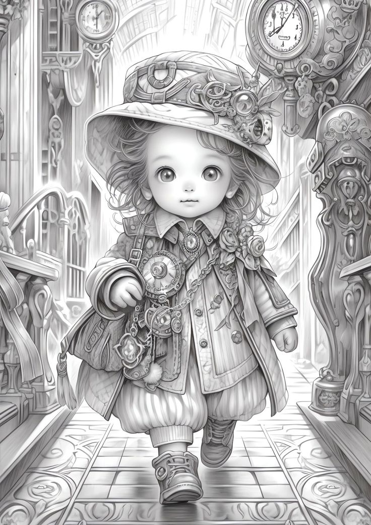 Grayscale fairy coloring pages of cute steampunk fairie