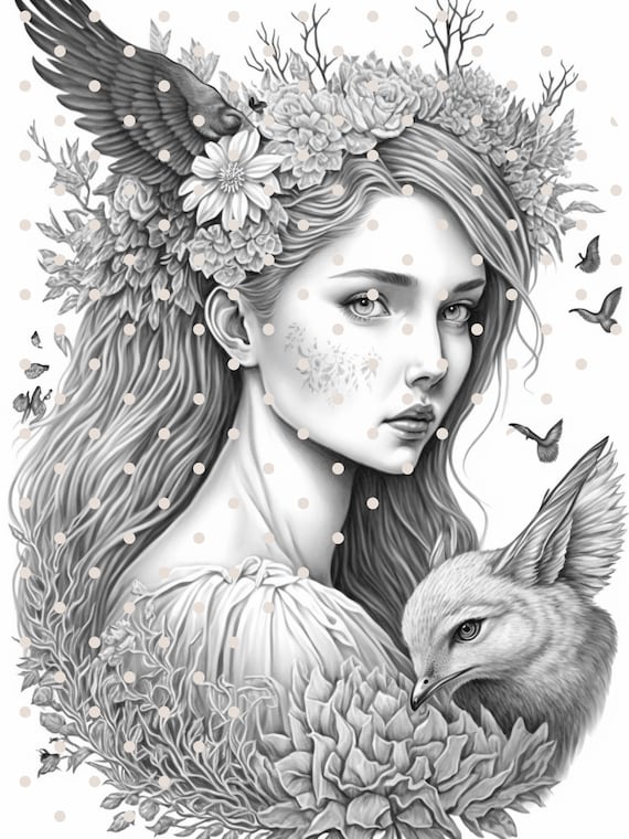 Grayscale coloring pages elf fairy printable pdf instant download grayscale illustration coloring pages for kids and adults