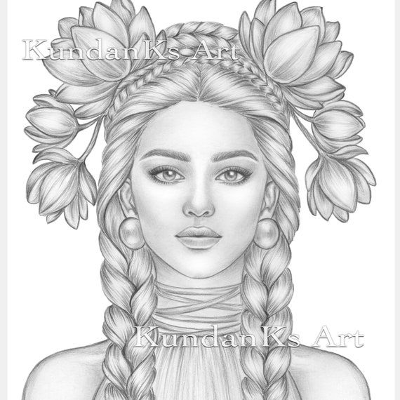 Lotus adult coloring page portrait coloring grayscale coloring instant download aa printable kundanks art download now