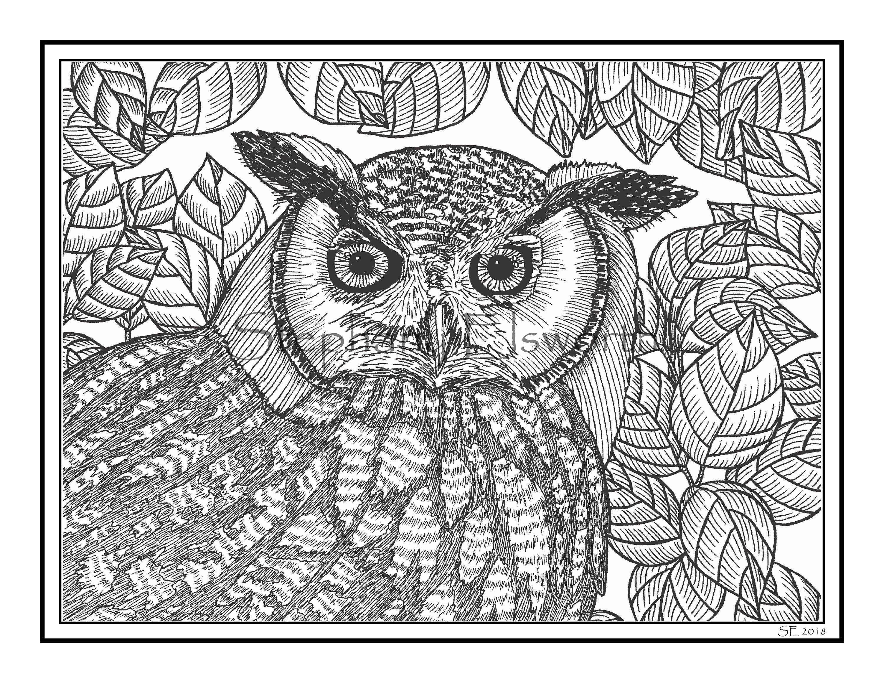 Great horned owl x printable instant download coloring page