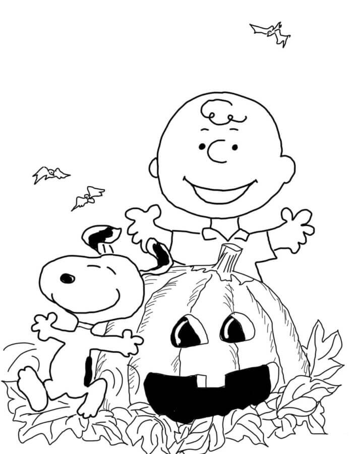 Funny charlie and snoopy near the big pumpkin coloring page