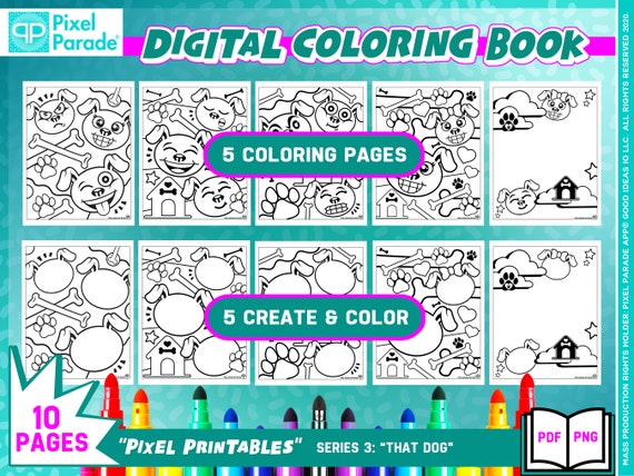 Coloring books coloring pages for kids emoji dog pop art diy color create pdf png creative printable files bypixel parade app