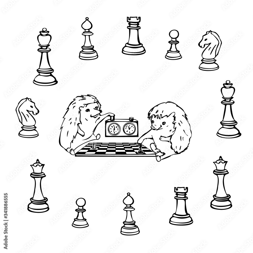 Coloring page hedgehogs play chess around them are chess pieces vector