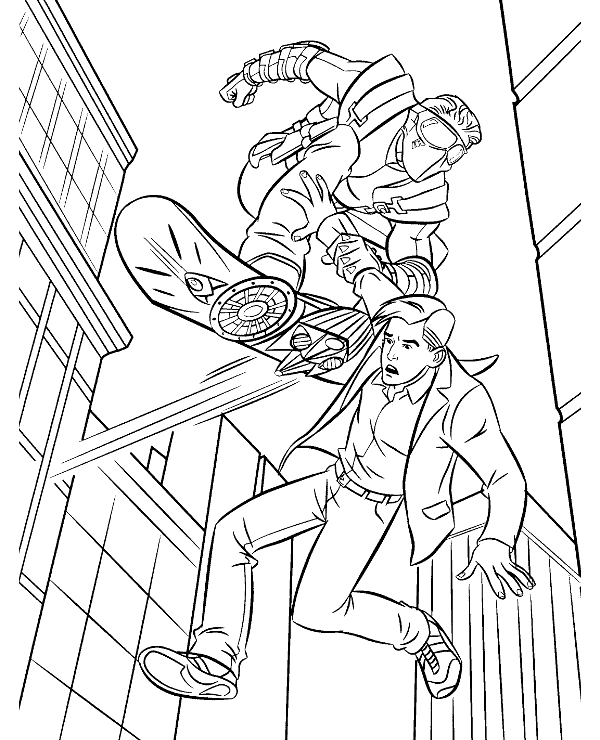 Green goblin on a hoverboard coloring page