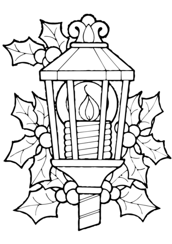 Christmas lantern and holly coloring page free printable coloring pages
